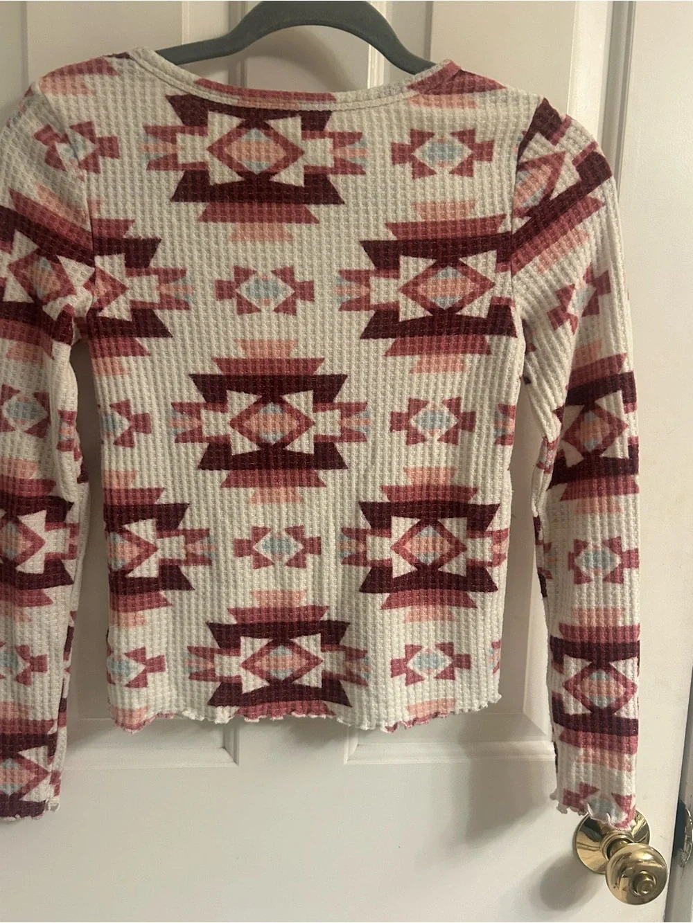 Girls Justice Cream and Burgundy Aztec Waffle-Knit Long Sleeve Top